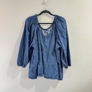Old Navy Blouse Shirt 4X Chambray Blue Smocked V-neck Peasant Boho Babydoll